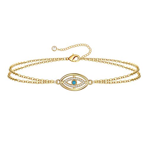 Dainty Evil Eye Bracelets for Women, 14K Gold Filled Handmade Blue CZ Evil Eye Jewelry for Women Bracelet(Blue CZ Evil Eye)