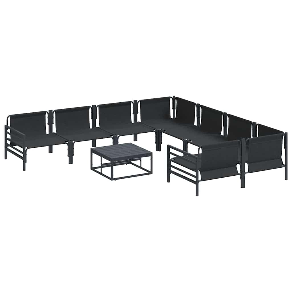 Zestaw Sof na Ogród z poduszką 9 pcs Czarny Stal, komplet wypoczynkowy ogrodowy 9-częściowy, meble na taras czarny stal, zestaw mebli ogrodowych 9 elementów z fotelami i stołem