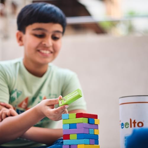 Image of Colorful Kids Activity Tower Blocks Wooden Game with Dice - Fun Stacking Blocks with Fitness, Yoga & Activity Challenges - Educational Family Game for Kids & Adults, Party & Group Bonding Toy