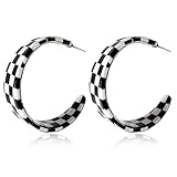 JIUIQL Unique Lightweight Minimalist 70s 80s 90s Vintage C Shaped Acrylic Resin Dangle Drop Earrings Fashion Geometric Black White Grid Hoop Earrings for Women Statement Jewelry Gifts (Black)