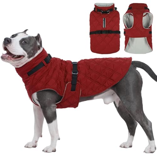 Kuoser Dog Coat Warm Fleece Lining Turtleneck Dog Jacket with Harness Built-in, Adjustable Windproof Cold Weather Coats with Quick Release Buckle Pet Winter Snowsuit for Extra Large Dogs, Re