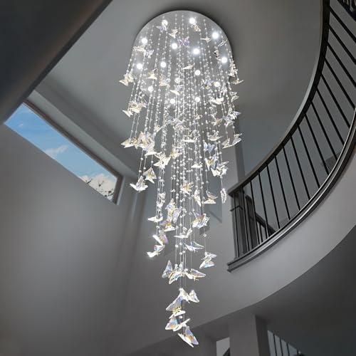 Image of ykolupty H138 High Ceiling Chandelier - Modern Crystal Lighting - Raindrop Large Chandelier for Staircase Foyer Entryway Living Room - Dimmable 3000-6000K