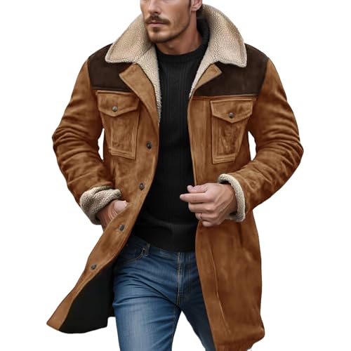Men's Vintage Suede Jacket Fleece Lined Collar Coats Motorcycle Jackets Retro Overcoat with Pocket