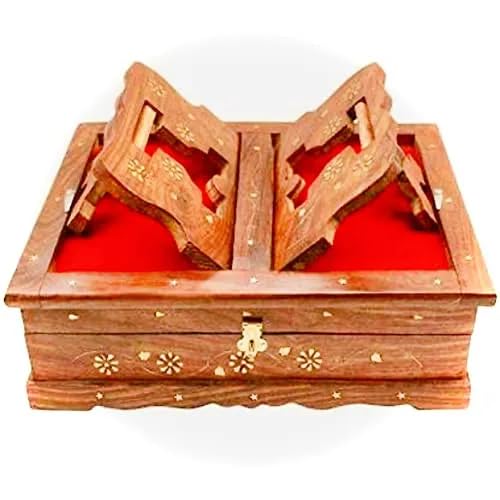 Wooden Holy Book Stand with Brass Inlay, Handcrafted Book Rest, Red Velvet Interior-image-45