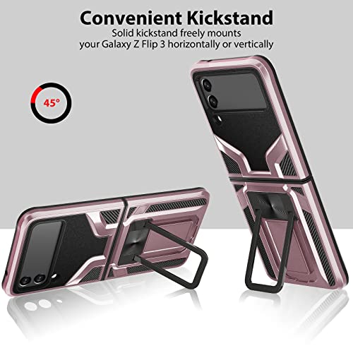 Cooya For Samsung Galaxy Z Flip 3 Case With Magnetic Stand Kickstand Shockproof Protective Case Non-Slip Bumper Armor Full-Body Heavy Duty Dual-Layer Phone Cover For Galaxy Z Flip 3 5G 6.7 In-Rosegold #TOP1