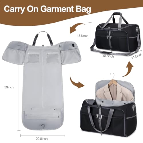 Foldable Garment Bags for Travel, 2 in 1 Convertible Carry On Travel Garment Duffel Bag for Women with Toiletry & Shoe bag, Hanging Suitcase Suit Travel Bags for Men Women Gift (Black）2