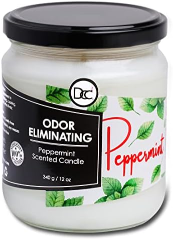 Odor Eliminating Highly Fragranced Candle - Eliminates 95% of Pet, Smoke, Food, and Other Smells Quickly - Up to 80 Hour Burn time - 12 Ounce Premium Soy Blend (Peppermint)