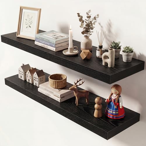 Image of Dreamland 36 Inches Floating Shelves for Wall, 9.3 inch Deep Long Floating Shelves Set of 2, Large Display & Storage Shelf, Wall Shelf for Bathroom Bedroom Living Room Kitchen Office, Black