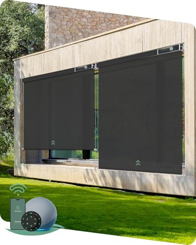 Yoolax Motorized Outdoor Shades Smart Retractable Patio Screens Compatible with Alexa Google, Remote Control Blinds for Porch Patio Waterproof Roller Shades Custom (3% Openness Black)