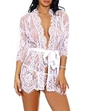 Sykooria Conjunto de Lencería Sexy Bata de Encaje Babydoll Kimono Ropa de Dormir Escote en V Profundo Camisón Camisón Ropa de Dormir Suave (Blanco, S)