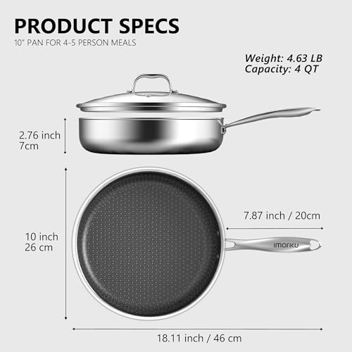 Image of imarku 10-Inch Hybrid Non Stick Frying Pan with Lid, Ceramic Coating | Stainless Steel Deep 4-Quart Skillet for Family Meals, Oven & Dishwasher Safe, Induction Compatible Cookware, PFOA Free