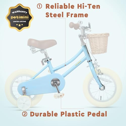 Image of Petimini Vintage Kids Bike for Girls, 12-20 Inch Classic Bicycle with Wicker Basket & Bell, High Tensile Steel Frame, Training Wheels (12-18 inch), 85% Pre-Assembled, Retro Bike for Outdoor Riding
