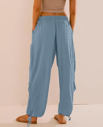 Image of Women's Linen Balloon Barrel Beach Pants Boho Harem Flowy Drawstring Casual Loose Pants with Pockets