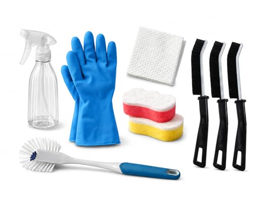 First Clean Kit for Teens. “All-in-One Starter Cleaning Set”8-Piece Home Cleaning Kit with Sponges, Rubber Gloves, Scrub Brushes, Spray Bottle & Cloth, Multi-Purpose Kitchen and Bathroom Supplies
