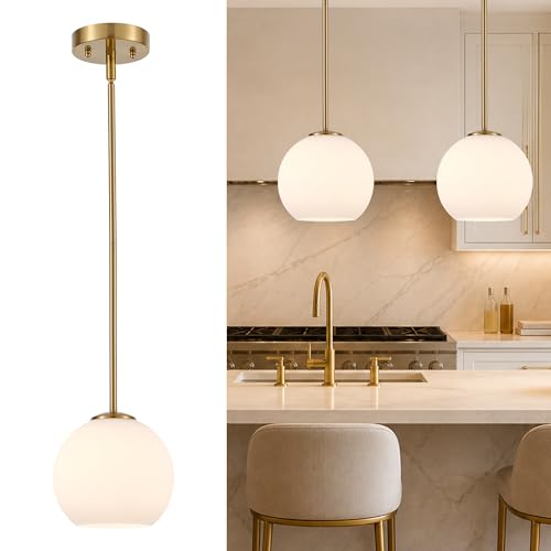 BTP Milk Glass Pendant Light, Brushed Brass Globe Pendant Lighting for Kitchen Island, Adjustable Height Hanging Light Fixture, Sloped Ceiling Compatible, E26 Pendant Lamp for Dining Room Hallway,Gold