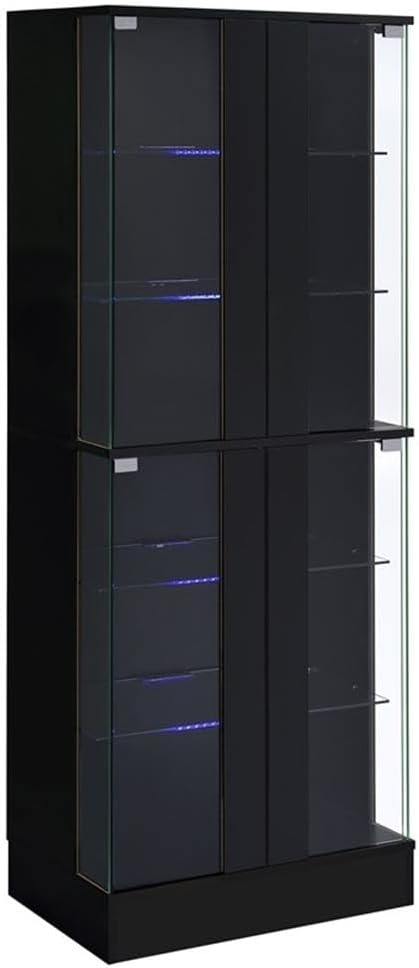 Pemberly Row Wood Curio Cabinet, 63.75" H x 24" W x 14.25" D, Black High Gloss Finish, MDF and Glass Construction, 6 Shelves, LED Lighting, Tempered Glass Doors, Modern Display Cabinet for Living