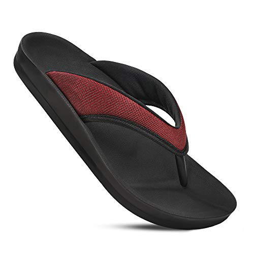 Image of AEROTHOTIC Comfortable Flip Flops for Women with Arch Support Soft Padded Mesh Straps with Breathable Footbed Slip On Footwear Indoor Outdoor Travel Beach walking Sandals Women