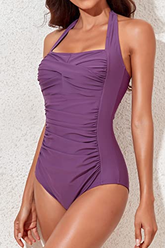 Image of Smismivo Tummy Control Swimwear Halter One Piece Slimming Vintage Retro Swimsuit Womens Ruched Push Up Bathing Suit