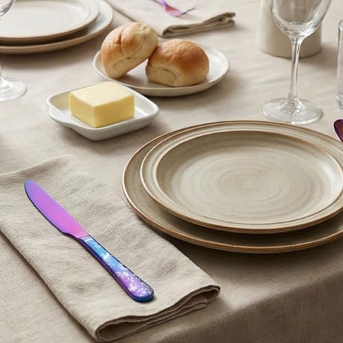 Image of 9.1 inch Rainbow Dinner Knives With Floral Printed Handle | 5-Piece Premium Stainless Steel Flatware Set of Steak Knives | Elegant Dishwasher-Safe Cutlery for Home, Restaurants, and Gifting