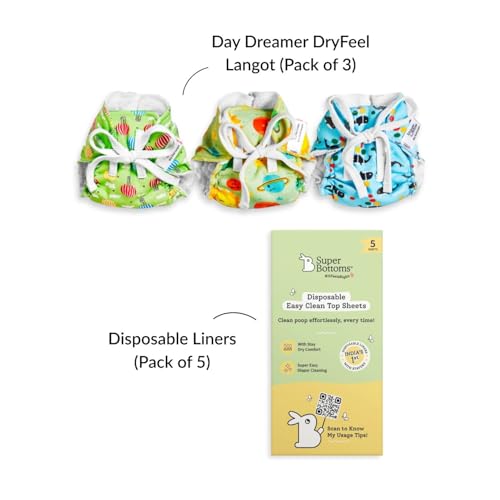 Image of SuperBottoms DryFeel Langot Trial Kit for Newborn Babies, 5 Assorted Langots with 2 Printed, 2 Premium Muslin & 1 White, Soft Cotton Langot for Diaper-Free Time, 0-9 Months