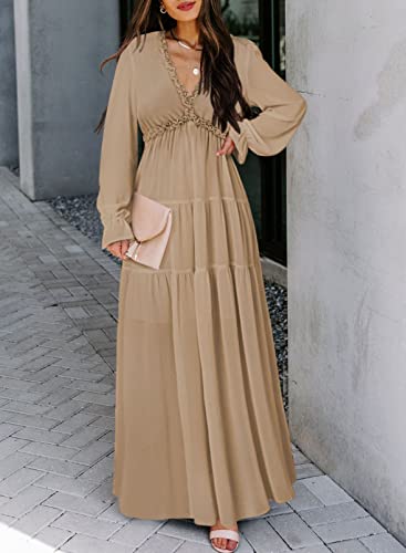 BLENCOT Women's Casual Boho Solid Color Deep V Neck Loose Long Sleeve Long Evening Dress Ruched Cocktail Party Maxi Wedding Dress Light Khaki X-Large