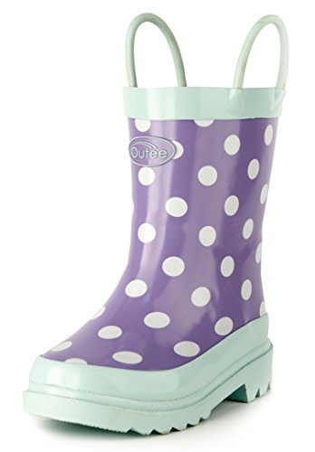 Outee Girls Kids Rubber Rain Boots Purple Waterproof Shoes Polka Dots Cute Print with Easy-On Handles Classic Comfortable Removable Insoles Anti-Slippery Durable Sole with Grip (Size 1,Purple)