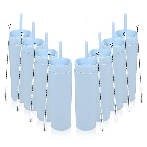 Volhoply 16oz Tumbler with Lid and Straw 8 Pack,Double Wall Plastic Skinny Tumblers Bulk,480ML Reusable Cute Coffee Mug,BPA Free Matte Acrylic Water Cups with Straw for Parties,DIY Gifts(Blue,8 Set