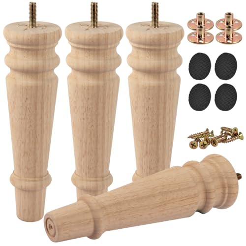 Btowin Lot de 4 pieds de meubles en bois massif brut de 20 cm avec boulons suspendus filetés M8, plaques de montage et vis pour canapé, fauteuil, pouf, armoire