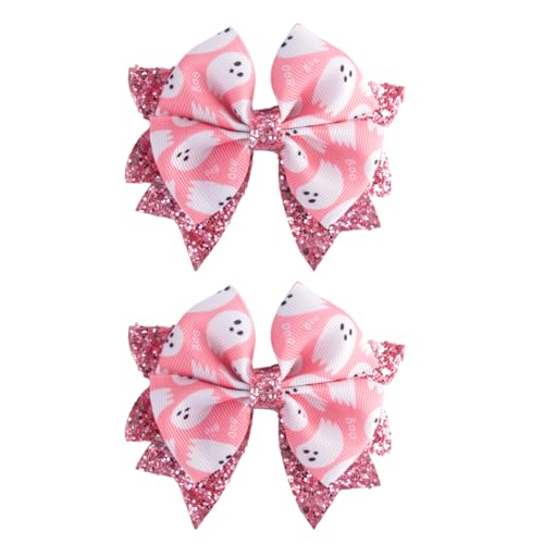 Halloween Ghost Hair Bows for Girls Glitter Pink Hair Clips Handmade Ribbon Bow Barrettes Metal Alligator Clips Fun Hair Accessories for Trick or Treat Holiday Festive Decor