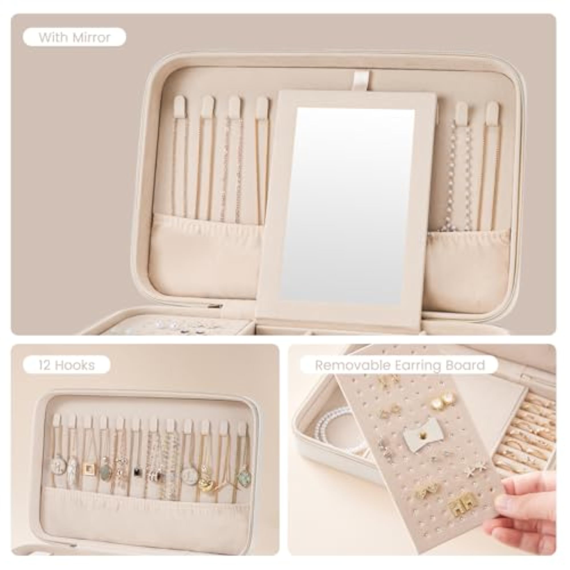 Travel Jewelry Case for Women, Organizer with Mirror