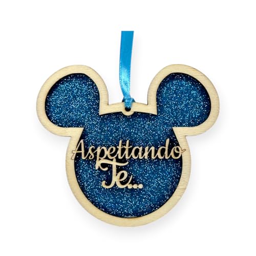 WHITE COMET Pallina in legno Topolino e Topolina, con Eva Glitter, Bimbo o Bimba - ASPETTANDO TE, Idea MADE IN ITALY da Appendere all'Albero di Natale (Azzurro)