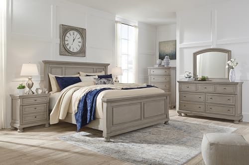 Image of Signature Design by Ashley Sleigh Bed with Drawers, Gray, California King | Burnished wood finish with classic bun feet, 2 footboard drawers, Roll-slat system eliminates box springs, Lettner Series