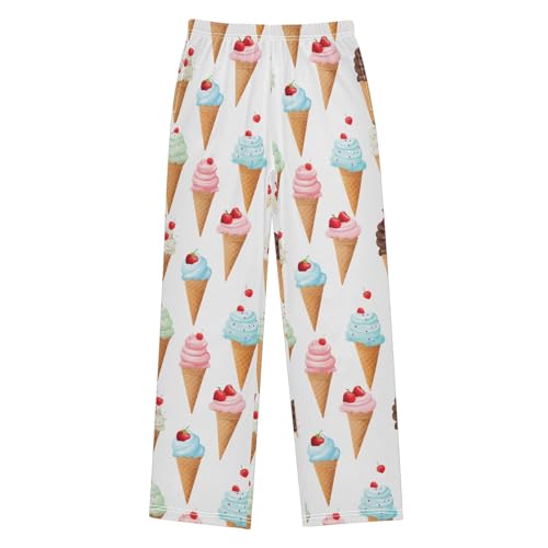 Ice-cream Pattern Pajama Pants Lounge Sleep Pants Elastic Waist Long Pajama Bottoms with Pockets for 6-14 Years