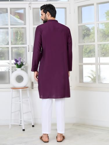 Image of See Designs Men's Full Sleeve Mandarin Collar Ethnic Motifs Embroidered Sequinned Mandarin Collar Straight Long Kurta with Pyjama - Festive Collection