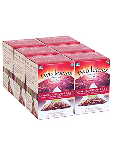Two Leaves and a Bud Organic African Sunset Rooibos Herbal Tea Bags, 15 Count (Pack of 6) Organic Whole Leaf Herbal Tea in Pyramid Sachet Bags, Delicious Hot or Iced with Milk, Sugar or Honey or Plain