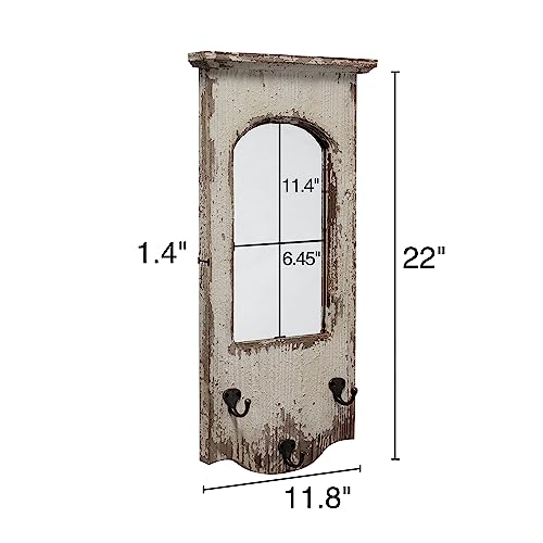 Rustic Entryway Arched Wall Mirrors With 3 Metal Hooks 12" X 22", Hanging Distressed White Wood Frame Farmhouse Bathroom Mirrors For Vanity, Vintage Large Ornate Mirror Wall Decor Living Room Bedroom #TOP1