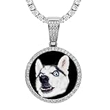 KLFJFD Hip-hop Hipster Personalidad Collar Colgante De Foto De Doble Cara Marco De Fotos Redondo Bricolaje Colgante De Circonita Con Micro Incrustaciones 20 Pulgadas Cadena De Tenis De Circonita De Ac