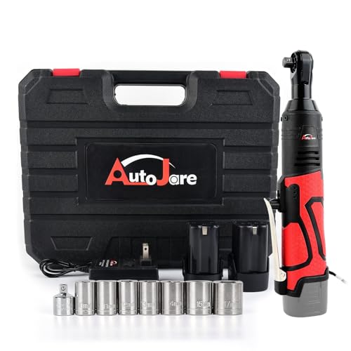 AUTOJARE 18V Cordless Electric Ratchet Wrench Set 3/8" Drive 450RPM Power Ratchet Tool Kit 60 ft-lbs Cordless Ratchet Kit with 1/4" Socket Adapter, 7pcs Socket, Charger and 2pcs Batteries
