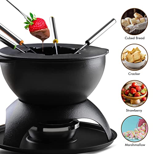 Artestia 11-Piece Cast Iron Fondue Set With Adjustable Burner 6 Colored Forks, 5-Cup Black Cheese Fondue Pot, Perfect For Chocolate, Caramel, Meat, 4-6 Person #TOP2