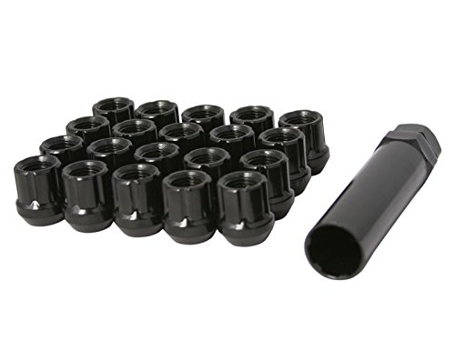 20pcs UberTechnic Black Spline Drive Lug Nuts (12x1.5 Threads, 0.85 inch Length) - Open End Cone Acorn Taper Seat - Includes 1 Socket Key Tool - Fits Acura Chevy Honda Lexus Mazda Toyota Hyundai Tuner