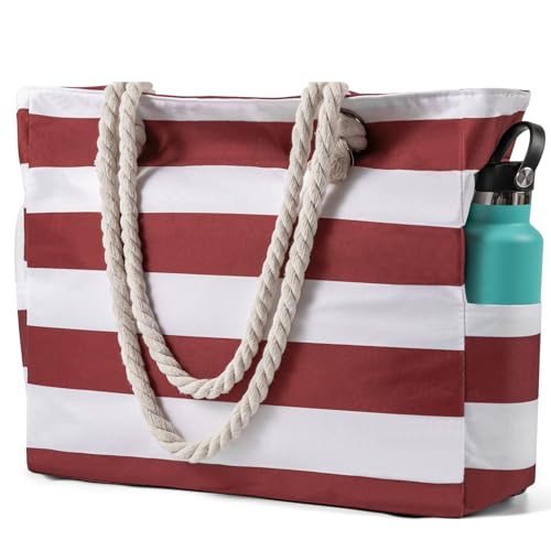 Clothirily Beach Bag for Women - Large Beach Tote Bag, Waterproof Sandproof Beach Bag with Zipper, Large Swim Pool Beach Tote, Red
