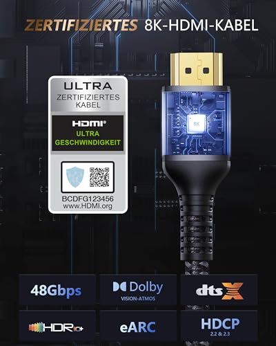 2. Bild von Stouchi 2m HDMI Kabel 8K 10K 4K Certified Ultra High Speed ​​ 48Gbps 4K120 144Hz RTX 3080 eARC HDR10 4:4 HDCP 2.2 & 2.3 Dolby kompatibel mit Fire TV/Roku TV/PS5/Xbox Series X/Samsung/Sony/LG