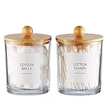 Onsogi Glass Apothecary Jars with Bamboo Lids for Bathroom Organization, Q tip Holder and Cotton Ball Holder are Great for Farmhouse Bathroom Decor, Rustic Bathroom Decor-2 Pack