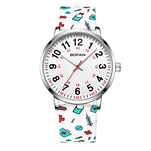 BOFAN Nurse Watch for Nurse,Medical Professionals,Students,Doctors with Easy to Read Dial,Second Hand and 24 Hour,Soft White Print Silicone Band,Water Resistant.