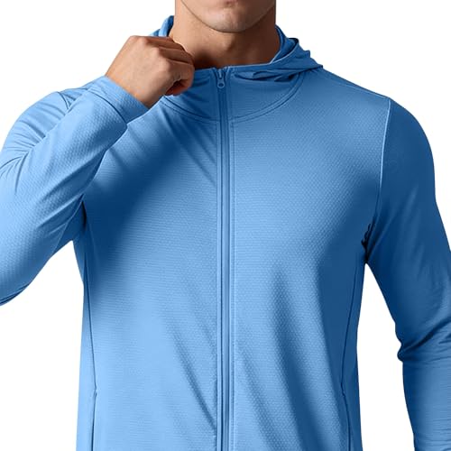 Mens Fishing Hoodie Mens Lightweight Hoodie Lightweight Long Sleeve Full Zip Uv Protection Jacket Lightweight Hiking Athletic Sun Shirt with Thumbholes Light Blue X-Large — view 2