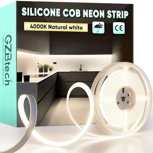 GZBtech AC 220-240V Ruban LED COB 3m, Blanc Naturel 4000K Flexible Découpable Dimmable Etanche 1500lm/m 286 LED/m Bande Lumineuse LED Lumière pour TV Rétroéclairage, Armoire, Chambre, Cuisine