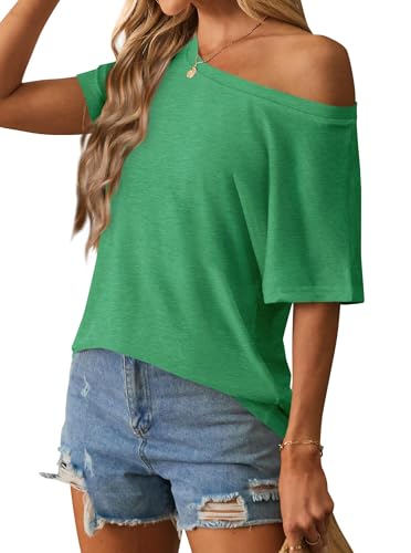 Image of Hilinker Womens Sexy Off The Shoulder Tops Short Batwing Sleeve T Shirt Oversized Casual Tee Green Medium