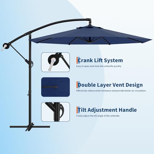10FT Cantilever Umbrella outdoor patio, Offset Patio Umbrella with Easy Lift & Tilt Adjustment, UV Protection Fade Resistant for Deck, Pool, Garden, Navy Blue