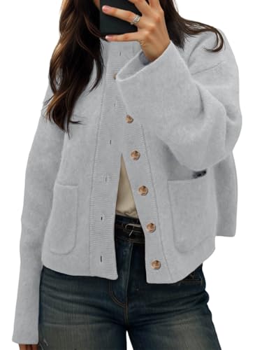 Cicy Bell Womens Chunky Knit Cardigan Sweaters Button Down Mock Neck Open Front Jacket Winter Casual Outerwear with Pockets Grey