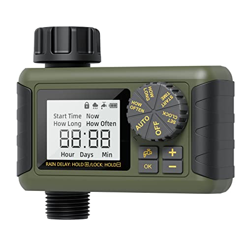 Diivoo Programmateur Arrosage Automatique pour Jardin, Minuteries d' Arrosage avec Affichage LCD, Programmateurs de système d'arrosage avec Retard de Pluie/Verrouillage Enfant/ IPX5 Étanche, Vert Cover